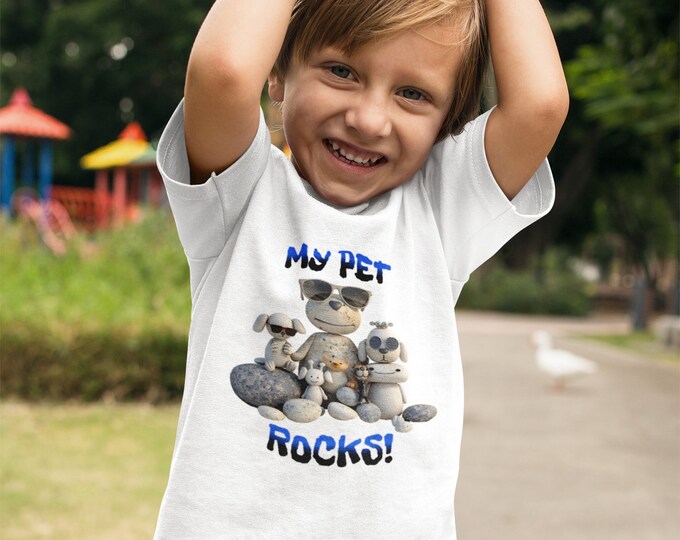 My Pet Rocks (Design #1) Kids Heavy Cotton™ Tee Cartoon Funny Pets Dogs Cats Rock Silly Cute Adorable for Kid Boys Girls Animals Fun