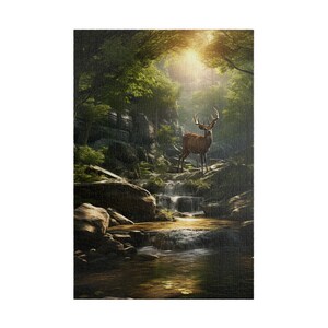 Beauty of Nature Puzzle (500, 1014-piece) |Natural World Earth God&#39;s Creation Deer Stag Buck Forest Woods Waterfall Stream Wild