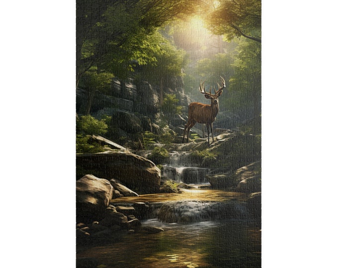 Beauty of Nature Puzzle (500, 1014-piece) |Natural World Earth God's Creation Deer Stag Buck Forest Woods Waterfall Stream Wild