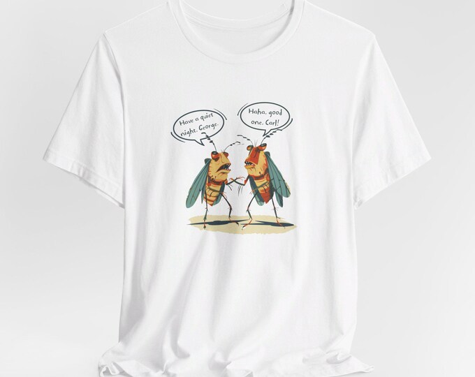 Cicadas Humor T-Shirt by Bella + Canvas, Unisex Jersey Short Sleeve Tee, White or Natural, with Retro Cartoon Print