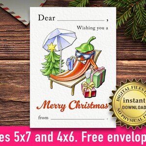 Downloadbare grappige kerstkaart van 5 x 7, afdrukbare 4 x 6 invulbare kerstkaart, afdruk op US Letter en A4, gratis enveloppen
