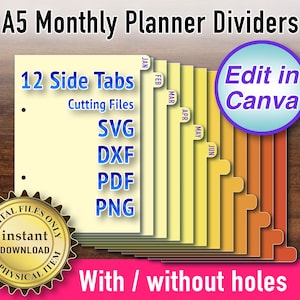 Customisable planner dividers. Twelve printable A5 agenda inserts. Monthly binder divider with side tab. Canva editable. SVG cutting files.