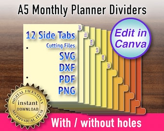A5 Monthly Planner Dividers: 12 Side Tabs, Canva Editable (Digital Download)