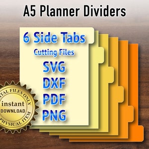 Printable A5 planner dividers. SVG cutting files. 6 side tab binder divider. Six index tabs. Tabbed pages on A4 and US Letter templates.