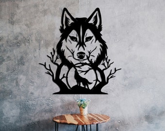 Wolf and Moon cut svg dxf file wall sticker pdf silhouette template cnc cutting router digital vector instant download