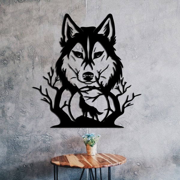 Wolf and Moon cut svg dxf file wall sticker pdf silhouette template cnc cutting router digital vector instant download
