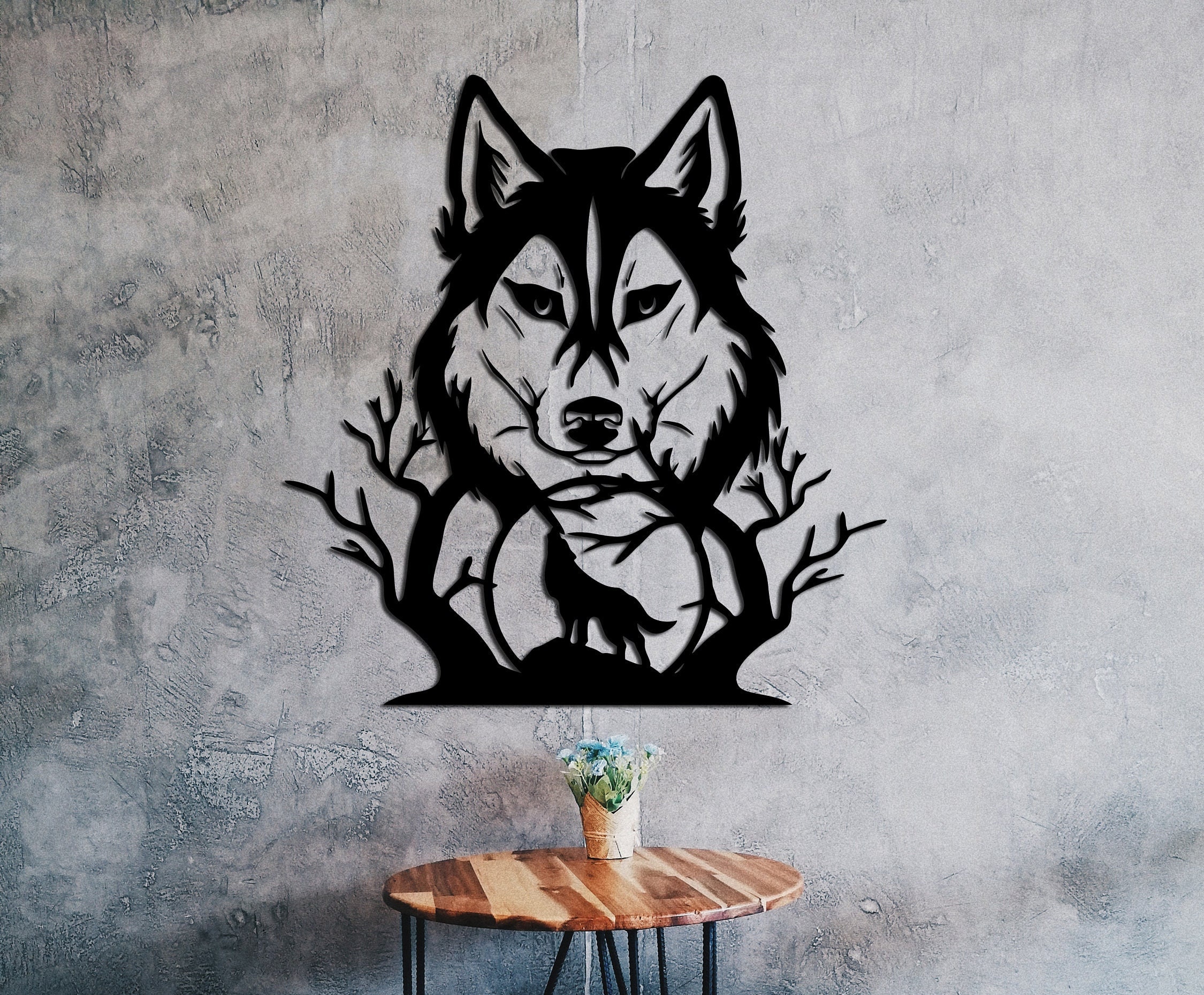 Wolf and Moon Cut Svg Dxf File Wall Sticker Pdf Silhouette Template Cnc ...