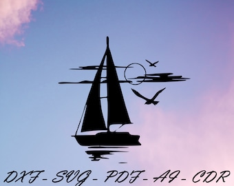 Ship and Sun cut svg dxf file wall sticker pdf silhouette template cnc cutting router digital vector instant download