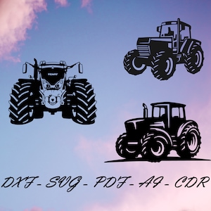 Puede incluir: Tres imágenes en silueta negra de tractores. El tractor de arriba tiene la palabra "Fendt" en la parte delantera. Los dos tractores de abajo son de modelos diferentes.