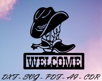 Bem-vindo Cowboy corte svg arquivo dxf adesivo de parede pdf silhueta modelo roteador de corte cnc download instantâneo de vetor digital