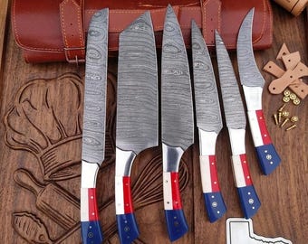 Colección de cuchillos de cocina de Damasco hechos a mano, cuchillos de chef forjados, juego de cuchillos para barbacoa, regalo personalizado para él, regalo de aniversario de bodas