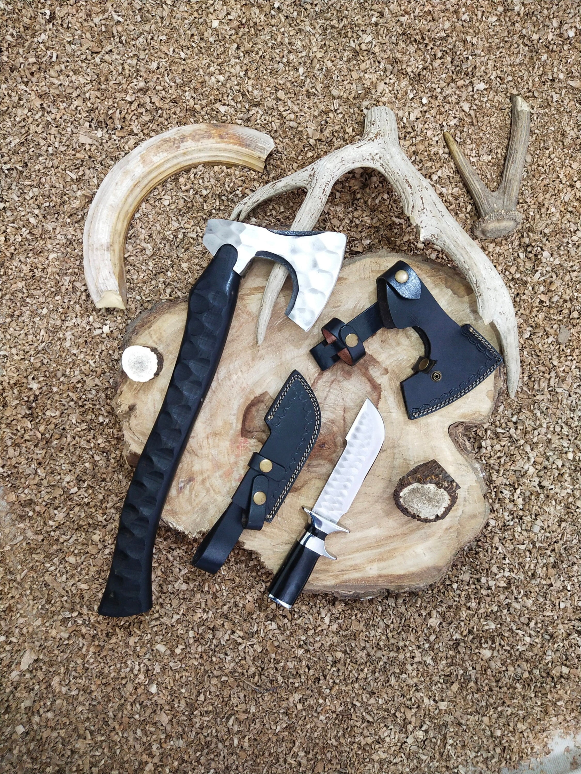Handmade High Carbon Steel Hunting Knife and Axe Set