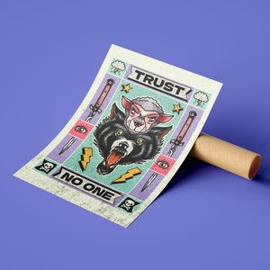 May include: A colorful graphic print with a wolf head and a sheep head inside. The print has a vintage tattoo style and includes the text "TRUST NO ONE" in a bold font.
