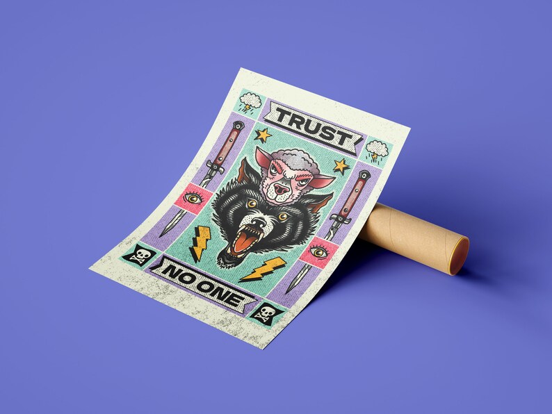 May include: A colorful graphic print with a wolf head and a sheep head inside. The print has a vintage tattoo style and includes the text "TRUST NO ONE" in a bold font.