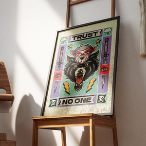 May include: A colorful poster with a wolf head and a sheep head inside. The poster has the text "TRUST NO ONE" and is surrounded by lightning bolts, stars, and knives.
