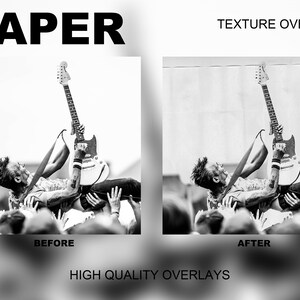 Puede incluir: Una foto en blanco y negro que muestra la diferencia entre una foto antes y despu&eacute;s de aplicar una superposici&oacute;n de textura de papel. La foto muestra a una persona que es sostenida en el aire por una multitud de personas mientras toca la guitarra. El texto "TEXTURE OVERLAY PACK" y "HIGH QUALITY OVERLAYS" tambi&eacute;n es visible en la imagen.