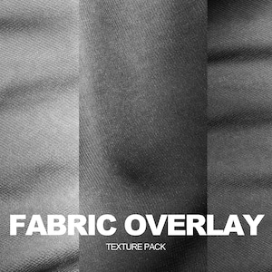Puede incluir: Imagen en escala de grises que muestra tres texturas de tela. La imagen presenta el texto "FABRIC OVERLAY" en letras blancas grandes, con "TEXTURE PACK" debajo. Las telas varían en textura y tono, creando un patrón visualmente interesante.