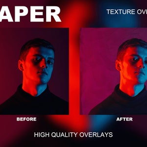 Puede incluir: Imagen antes y despu&eacute;s que muestra el efecto de una superposici&oacute;n de textura de papel en una foto de una persona. La persona est&aacute; iluminada con luz roja y azul. El texto "PAPER TEXTURE OVERLAY PACK" est&aacute; en la parte superior de la imagen. El texto "HIGH QUALITY OVERLAYS" est&aacute; en la parte inferior de la imagen.