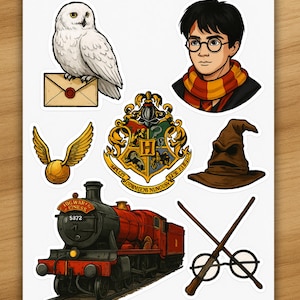 May include: A sheet of stickers featuring illustrations from the Harry Potter series. Includes a white owl, Harry Potter, the Hogwarts crest, a golden snitch, the sorting hat, a train, crossed wands, and glasses.