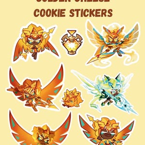 May include: A collection of Golden Cheese Cookie stickers. The stickers feature various cartoon characters with golden and orange wings, armor, and weapons. The text "GOLDEN CHEESE COOKIE STICKERS" is at the top of the image.