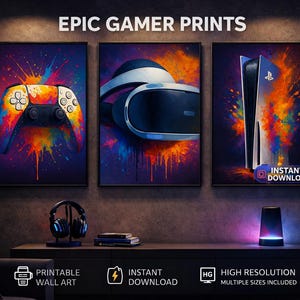 Gaming Room Wall Art Set: Console, Controller, VR Headset Prints (Digital Download)