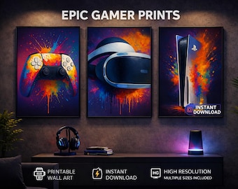 Juego de arte mural para sala de juegos: impresiones de consola, mando y casco de realidad virtual (descarga digital)