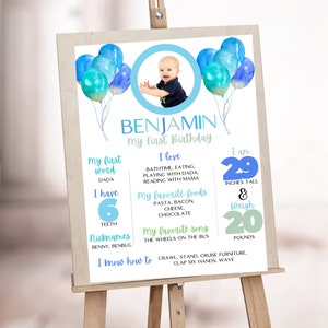 Watercolor Boy's First Birthday Milestone Board with Photo (Digital Download)