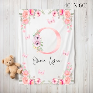 Pink Floral Minky Blanket with Custom Name for Baby Girl&#39;s Nursery | adorable Floral Personalized baby Blanket | Baby shower gift