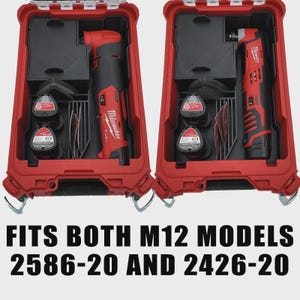 May include: Two red tool cases with black interiors, each containing a red and black power tool, batteries, and accessories. The text at the bottom reads: FITS BOTH M12 MODELS 2586-20 AND 2426-20.