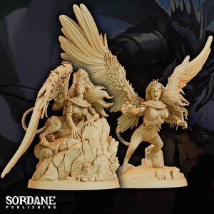 May include: Two beige miniature figurines of winged sphinxes with feline bodies and human heads. One sphinx rests on a rocky base with carved hieroglyphics, while the other stands in a dynamic pose. The text SORDANE PUBLISHING is at the bottom.