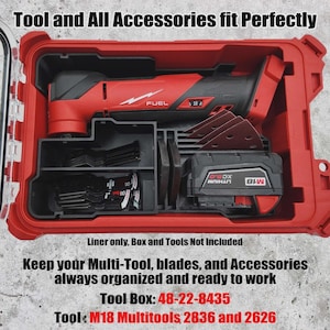 Könnte beinhalten: Rote Werkzeugkiste mit schwarzem Innenraum, in der sich ein rot-schwarzes Multitool, Klingen und ein schwarzer Akku befinden. Der Text "Tool and All Accessories fit Perfectly" steht oben. Der Text "Keep your Multi-Tool, blades, and Accessories always organized and ready to work" steht unten.