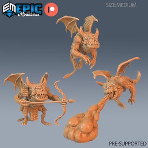May include: A collection of miniature fantasy creatures in a light brown color. One creature is flying, two are standing, and one is shooting a bow and arrow. The text "SIZE: MEDIUM" and "PRE-SUPPORTED" are visible.