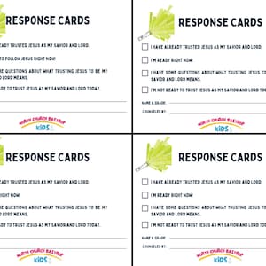 Peut inclure: Quatre cartes de réponse blanches identiques avec un graphique de pompon vert citron, le texte RESPONSE CARDS, quatre cases à cocher avec des déclarations religieuses, des lignes pour Name & Grade et Counseled By, et le logo North Church Bastrop Kids.