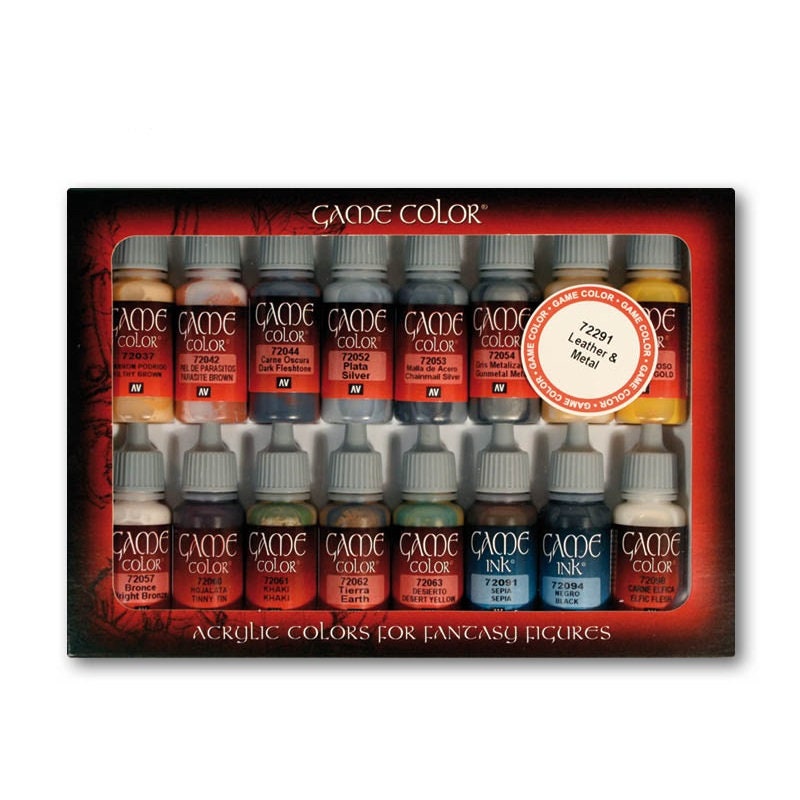 Acrylicos Vallejo Game Color Leather & Metal Set, Model Color Paint, 1/2  Fl. Oz. Bottles, 16 Colors 