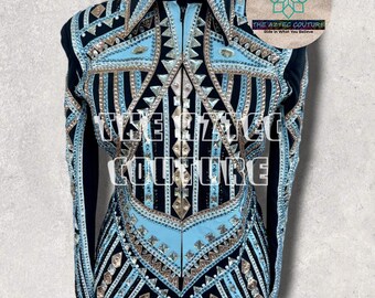 Western Custom Rodeo Queen, Showmanship, Horsemanship, Western Pleasure Black Base, Blauwe Accenten Dames Rail Jacket