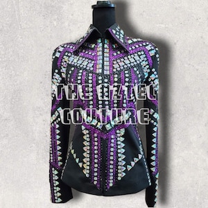 Western Custom Rodeo Queen, Showmanship, Horsemanship , Western Pleasure Black Base,Purple& AB Accents Women Rail Jacket