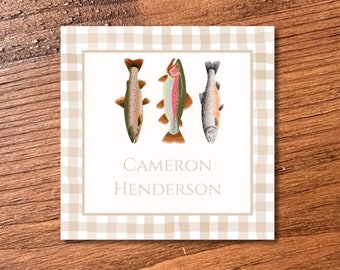 Personalisierte Aquarell Made to Order Gingham Fisch Geschenkanhänger / Einschließungskarten für Jungen wählen digitale Datei oder gedruckte Karten