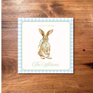 Personalisierte blaue Geschenkanhänger Frühling/Ostern mit Vichykaro und Hase als digitaler Download oder Druck/Versand.