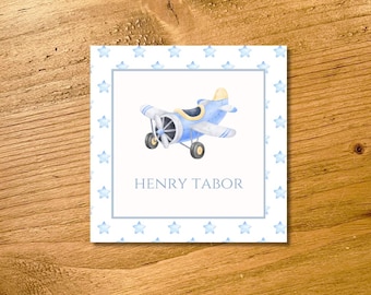 Personalized Watercolor Made to Order Gingham Airplane Gift Tag/Enclosure Cards choose Digital Download or Print/Ship