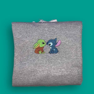 Unisex Adults Hoodie in Grey with Baby Stitch and Yoda Embroidery Cartoon Vintage Style Embroidered