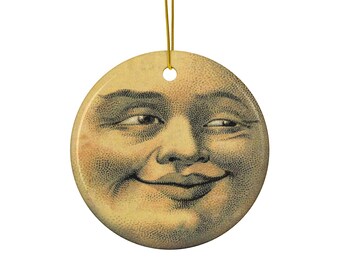 Vintage Man in the Moon Ceramic Ornament: Celestial Holiday Decor