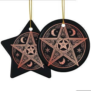 Pentacle Moon Design Ceramic Ornaments, Yule Solstice Decoration, Holiday Decor Christmas Tree Ornament, Pagan Gift Winter, 2-Side