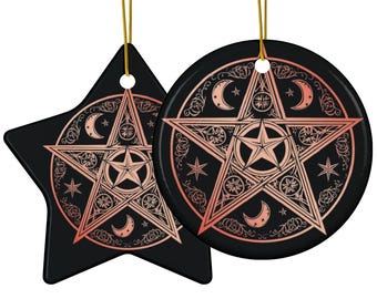 Adorno cerámico de luna con pentáculo: regalo pagano del solsticio de Navidad