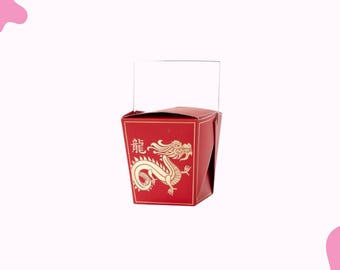 May include: A red Chinese takeout box with a gold dragon design and a clear handle. The box features Chinese characters on the side. The box is a classic container for takeout food.