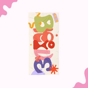 Può includere: Un telo da mare color crema con la parola "Babe" in lettere colorate e astratte. Le lettere sono in tonalità di verde, rosso, rosa e viola, con dettagli di stelle e fiori. Il telo è rettangolare.