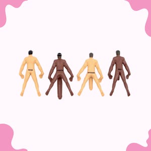 May include: Four nude male figurines with different skin tones, each with a name written on their back. The names are Peter, Johnston, Richard, and Will.