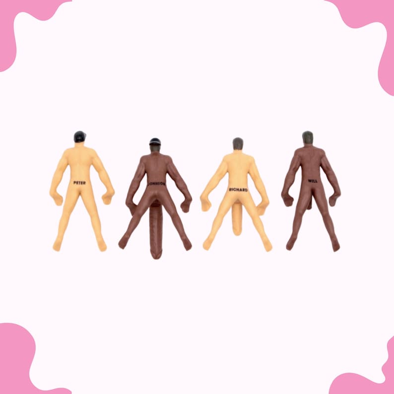 May include: Four nude male figurines with different skin tones, each with a name written on their back. The names are Peter, Johnston, Richard, and Will.