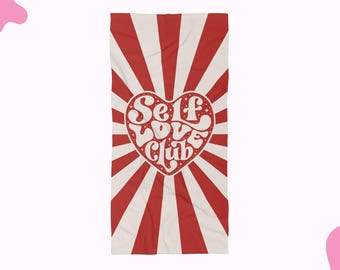 Ręcznik plażowy Self Love Club, akcesorium plażowe na wyjazd dla dziewczyn, upominek na wieczór panieński