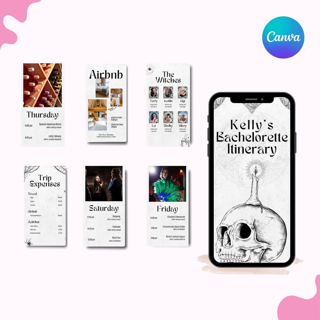 Gothic Itinerary, Canva Template, Bachelorette or Girls Trip Party