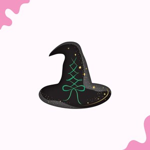 May include: A black witch hat with a pointed crown and wide brim. The hat features a green lace-up design and a bow, with gold stars scattered across the surface. The hat is a whimsical accessory for Halloween or costume events.